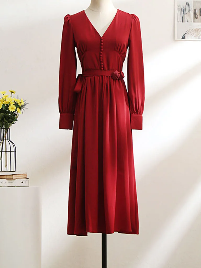 Vinatge Red Handmade Rose Puff Sleeve Swing Velvet Dress