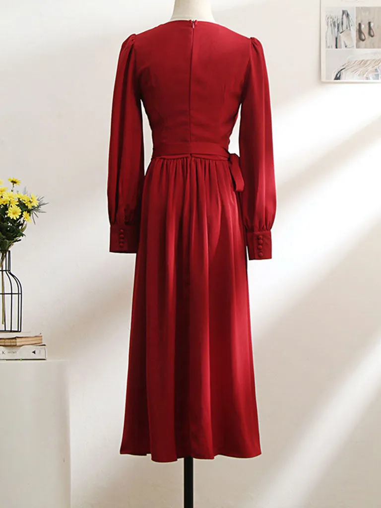 Vinatge Red Handmade Rose Puff Sleeve Swing Velvet Dress