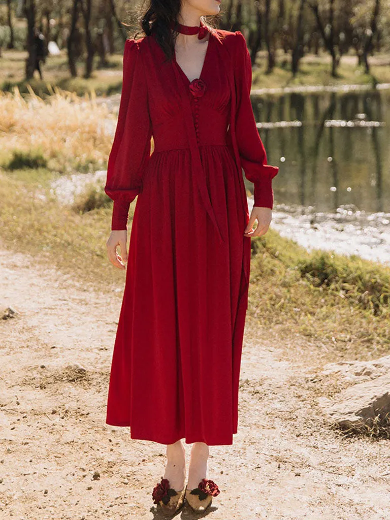 Vinatge Red Handmade Rose Puff Sleeve Swing Velvet Dress