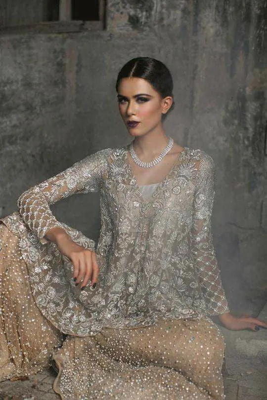 Wedding party dress in gray and golden color with pure dabka zari and nagh perls work Model#P 297