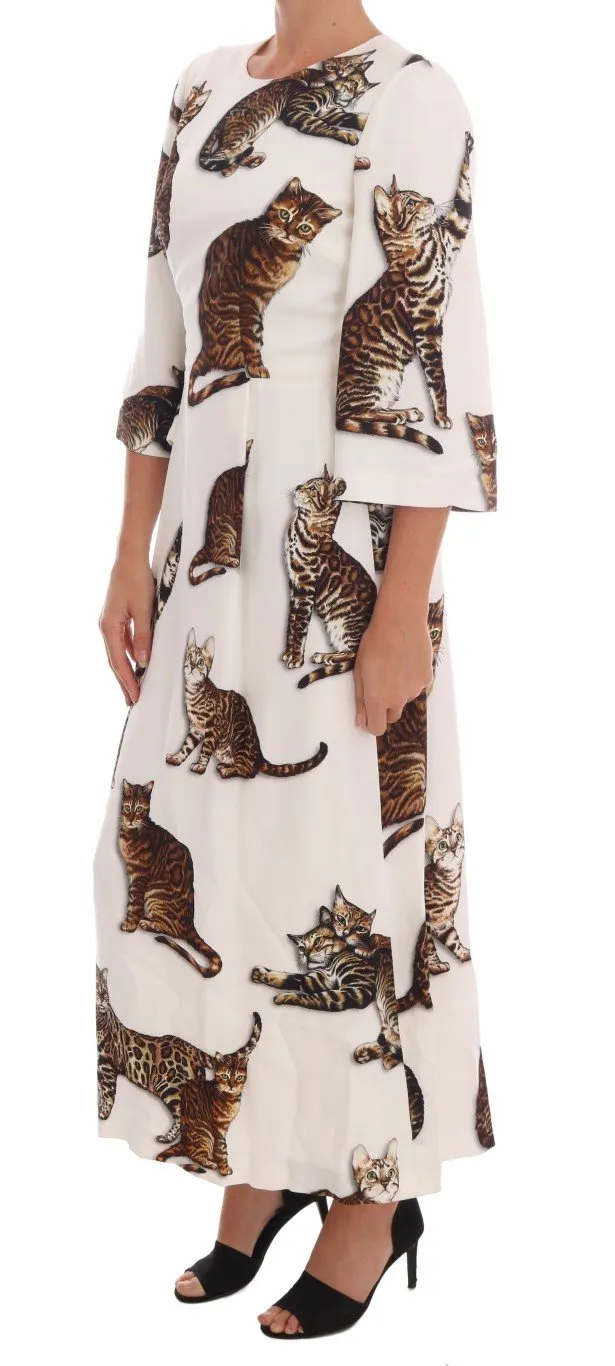 White Brown CAT Print Viscose Long Dress