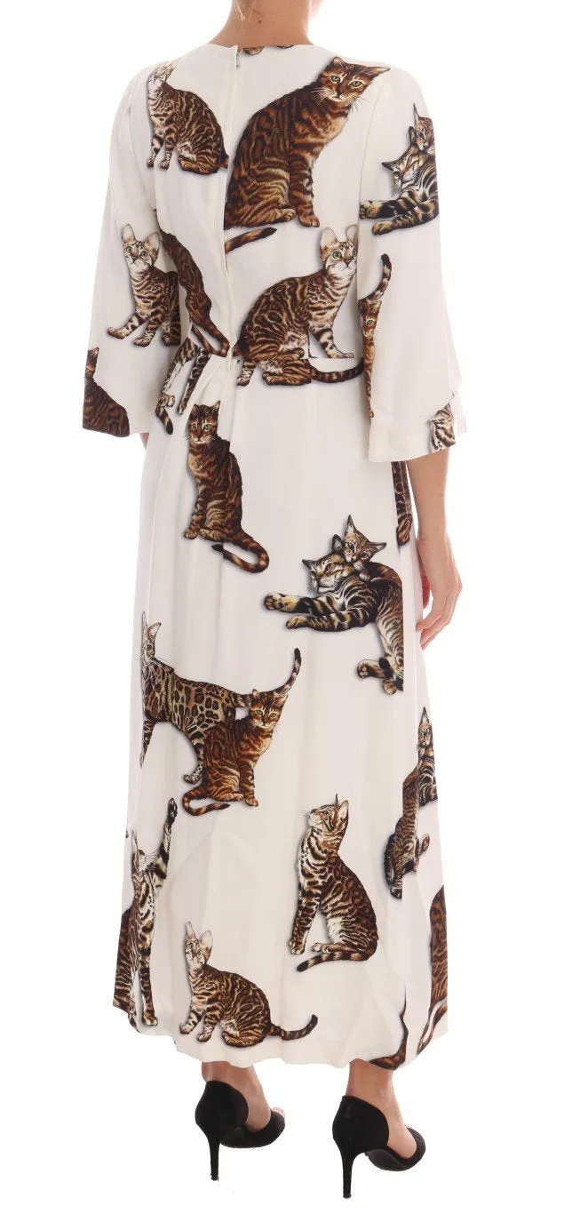 White Brown CAT Print Viscose Long Dress
