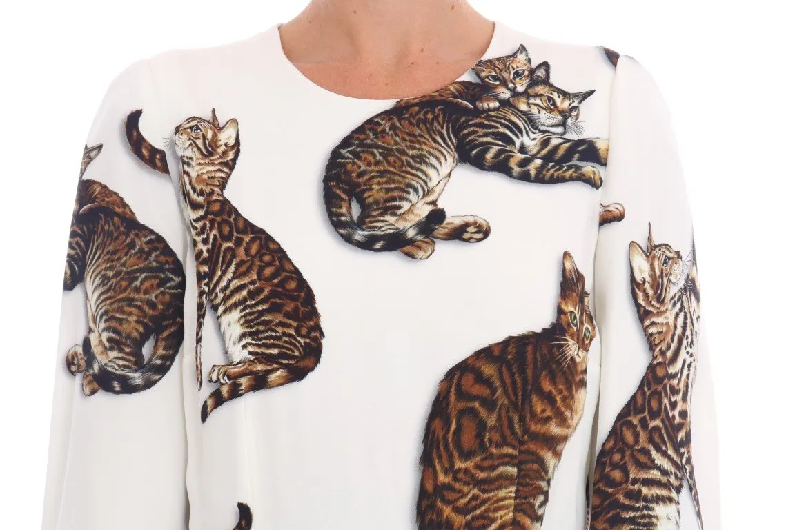 White Brown CAT Print Viscose Long Dress