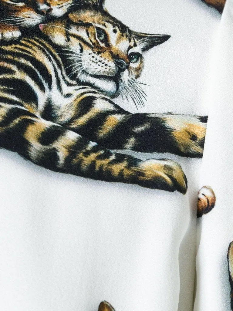 White Brown CAT Print Viscose Long Dress