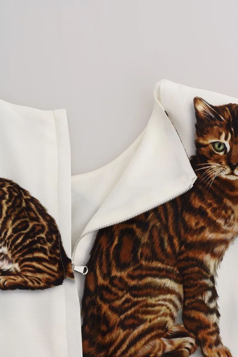 White Brown CAT Print Viscose Long Dress