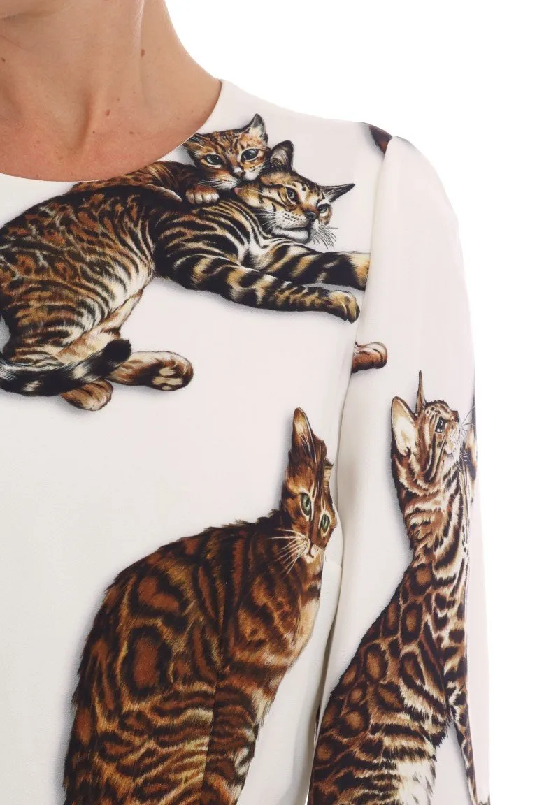 White Brown CAT Print Viscose Long Dress