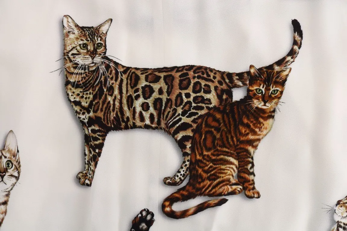 White Brown CAT Print Viscose Long Dress