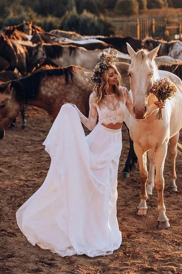 White Chiffon Boho Two Pieces Long Sleeves Lace Wedding Dresses, MW564