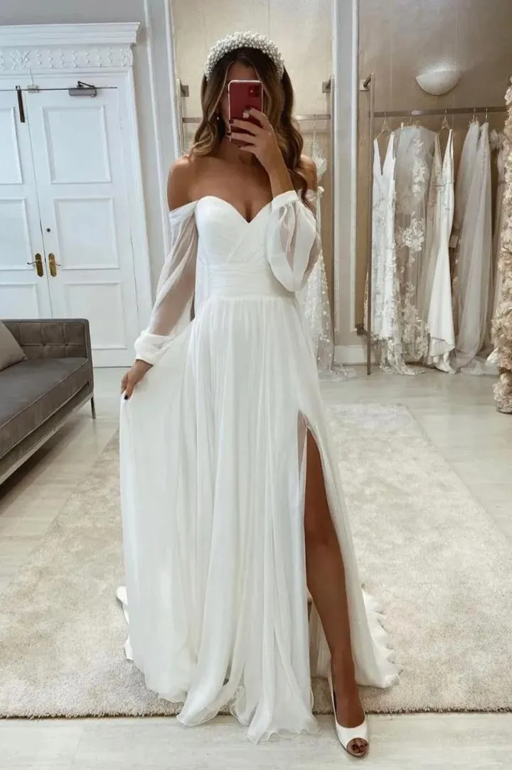 White Chiffon Long Sleeves Prom Dresses, White Chiffon Long Sleeves Formal Evening Dresses