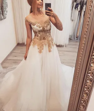 White round neck tulle lace applique long prom dress, white evening dress