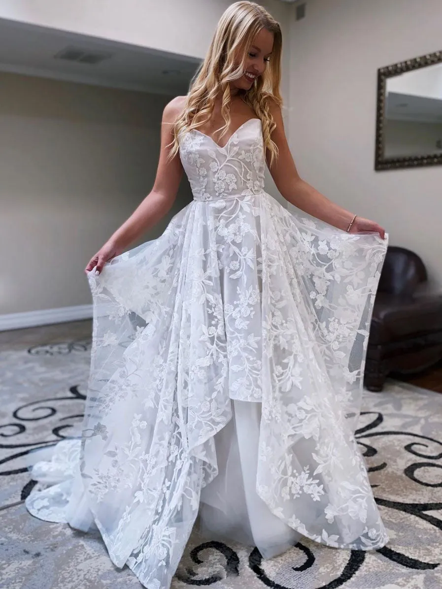 White sweetheart neck lace long prom dress, lace evening dress