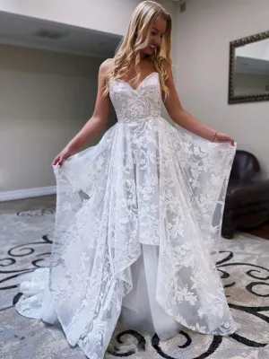 White sweetheart neck lace long prom dress, lace evening dress
