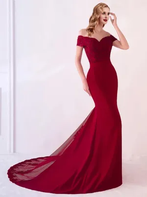 Wine Red Bead Vintage Lace Mermaid Bridesmaid Dresses Party Gowns