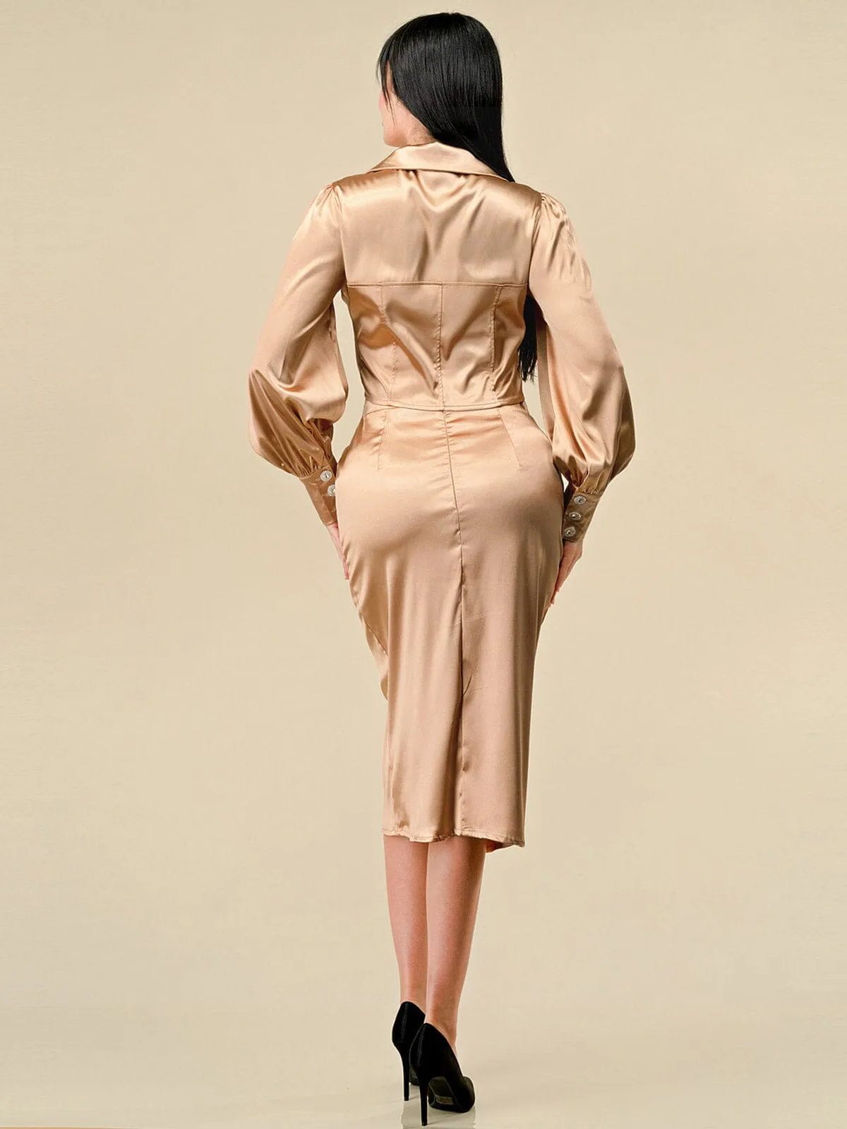 WOMEN'S LONG SLEEVE BLOUSE & FRONT SLIT MIDI SKIRT SATIN 2PC. SET
