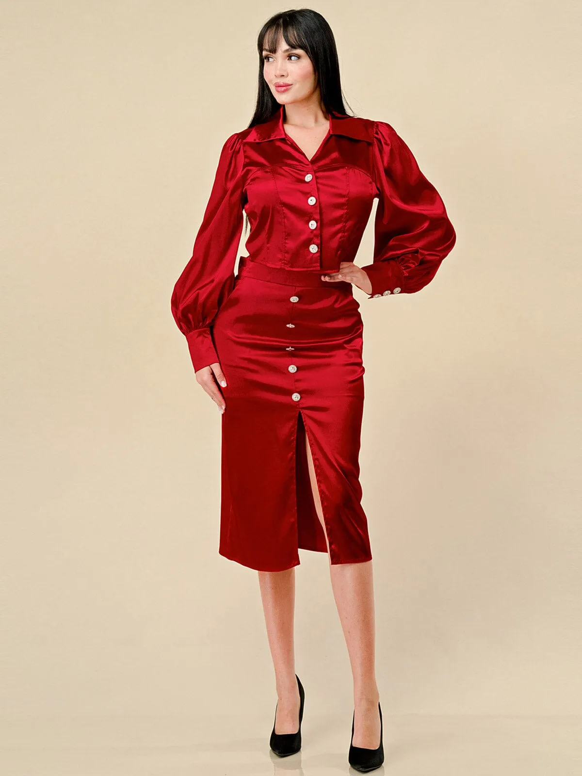 WOMEN'S LONG SLEEVE BLOUSE & FRONT SLIT MIDI SKIRT SATIN 2PC. SET