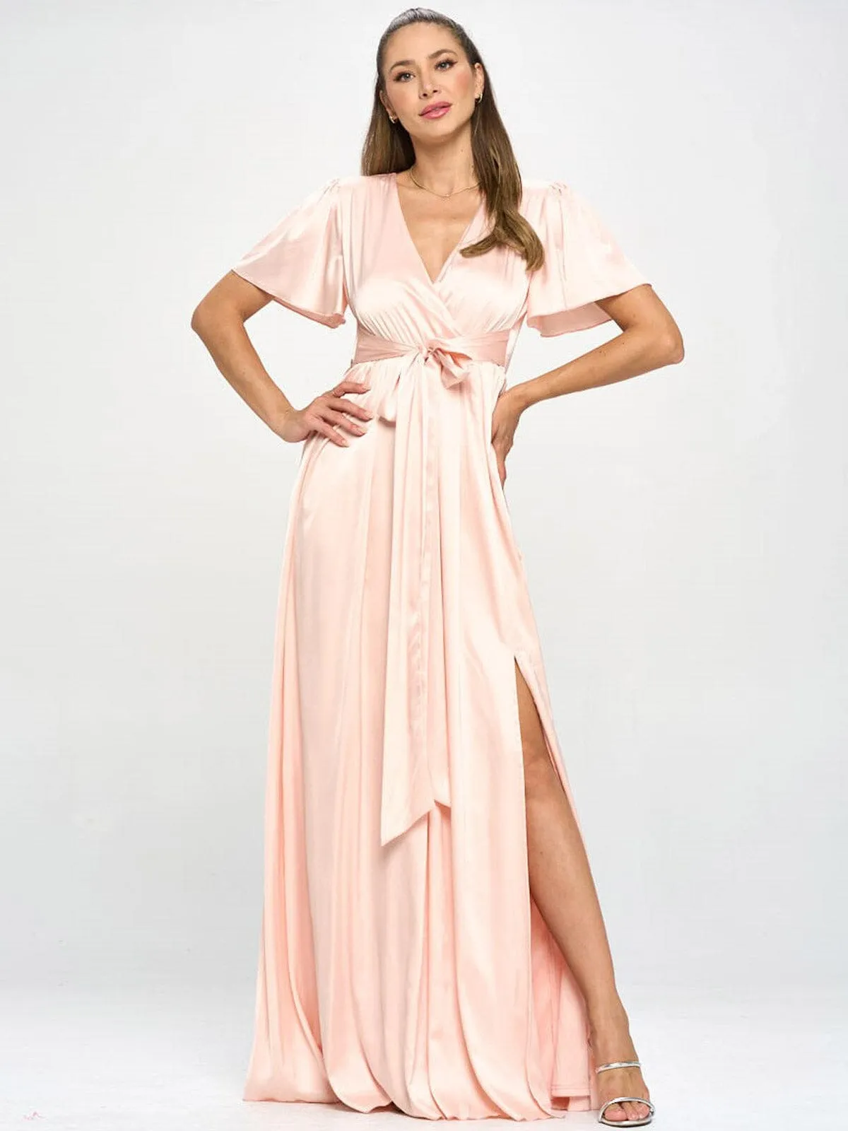 WOMEN'S SHORT SLEEVE V-NECK SELF TIE SILK MAXI DRESS