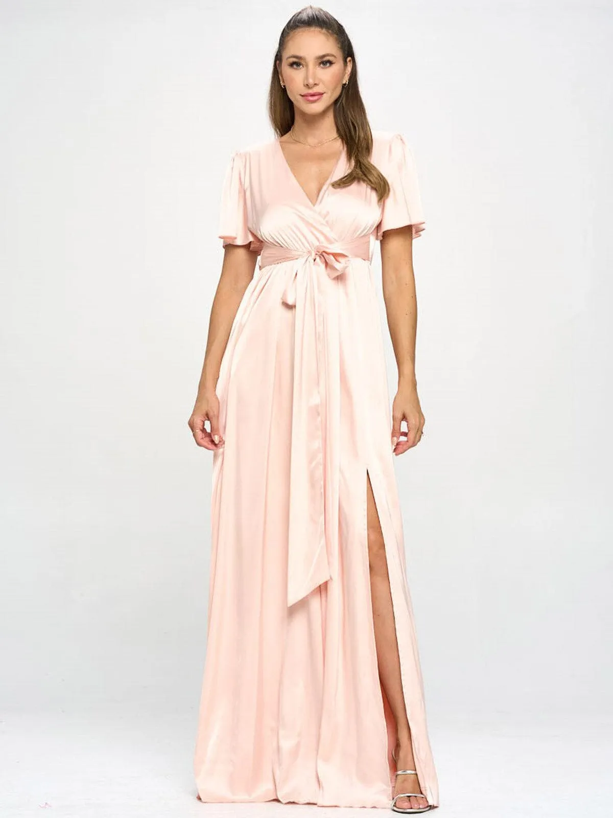 WOMEN'S SHORT SLEEVE V-NECK SELF TIE SILK MAXI DRESS