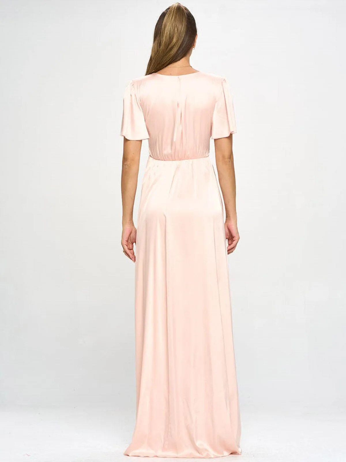 WOMEN'S SHORT SLEEVE V-NECK SELF TIE SILK MAXI DRESS