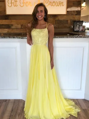 Yellow A Line Backless Sequins Chiffon Long Prom Dresses, Yellow Formal Dresses, Evening Dresses