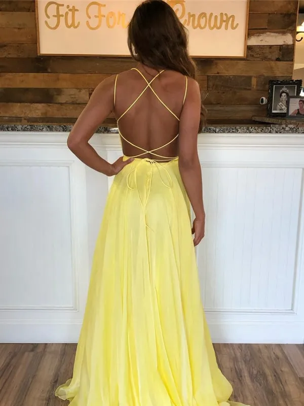 Yellow A Line Backless Sequins Chiffon Long Prom Dresses, Yellow Formal Dresses, Evening Dresses
