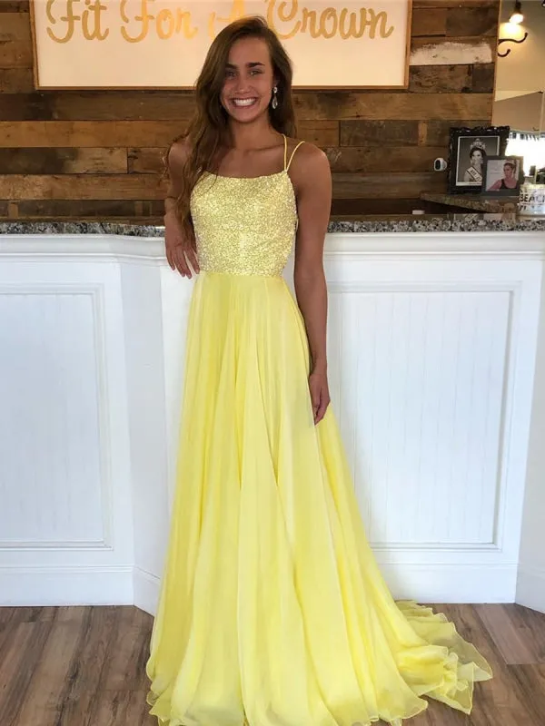 Yellow A Line Backless Sequins Chiffon Long Prom Dresses, Yellow Formal Dresses, Evening Dresses