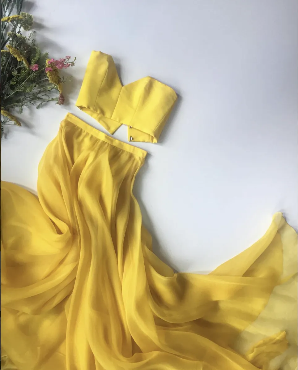 Yellow A-line Two Pieces Backless Charming Prom Dresses, FC2379