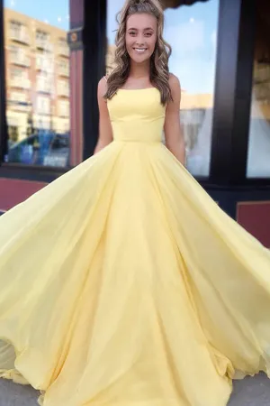 Yellow Chiffon A-line Spaghetti Straps Long Prom Dresses, Evening Gown, MP647