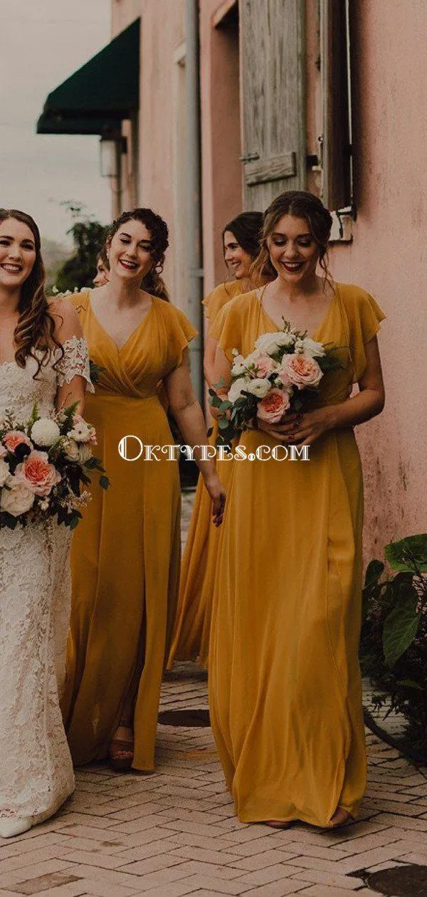 Yellow V-neck Cap Sleeve Chiffon A-line Long Cheap Bridesmaid Dresses, BDS0075