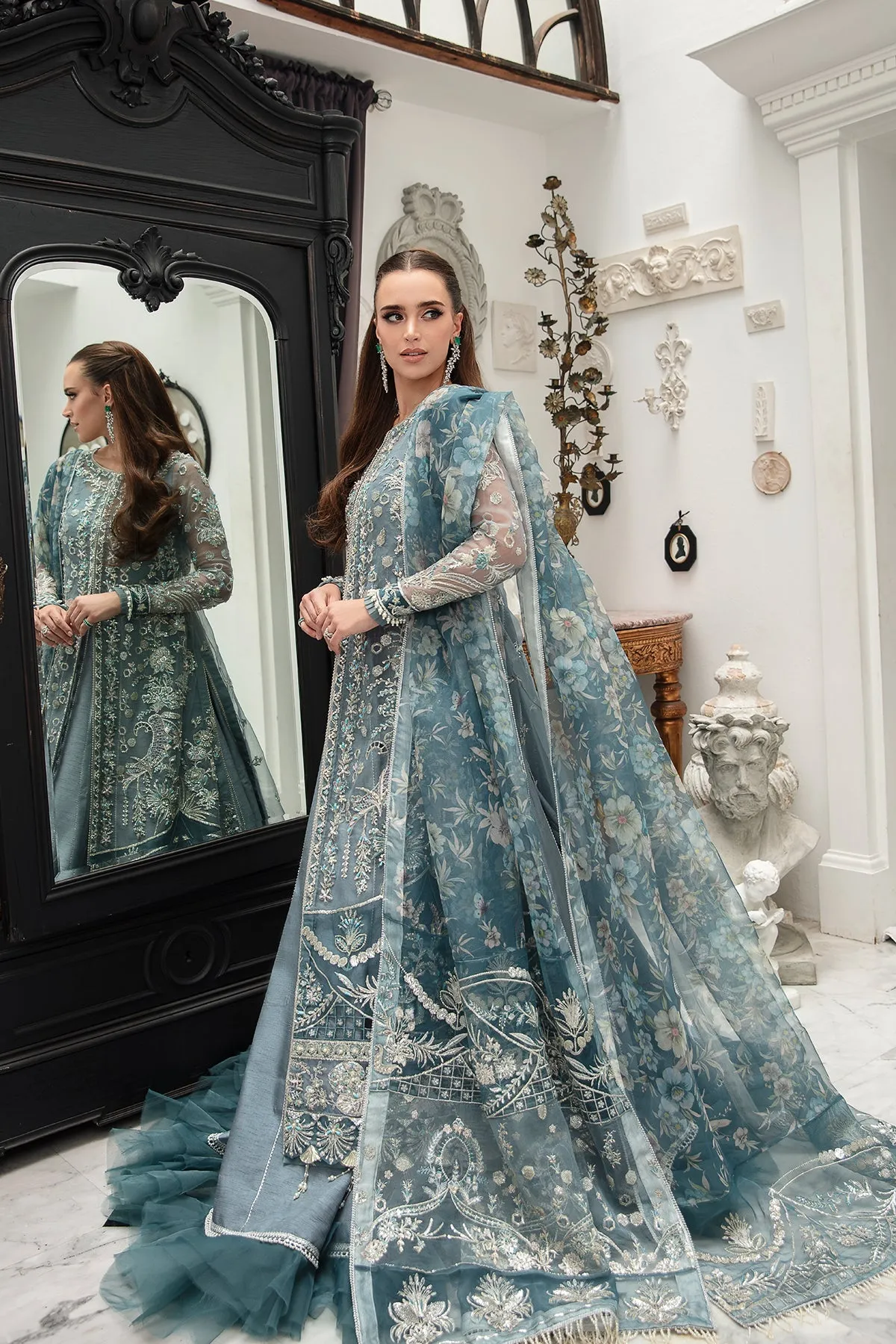 Zinc Shade Embroidered Pakistani Wedding Dress Gown Style Pishwas
